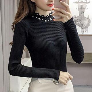 Faux-pearl Ribbed Knit Top
