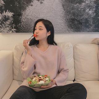V-neck Cut-edge Sweater Pink - One Size