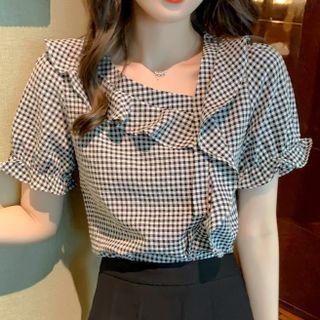 Short-sleeve Check Frill Trim Blouse
