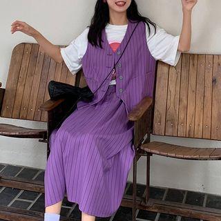 Striped Button Vest / Striped Midi A-line Skirt
