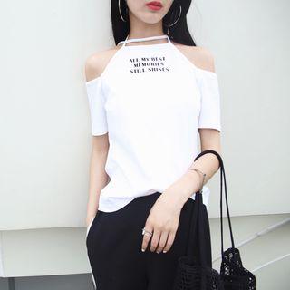 Off-shoulder Strappy Lettering T-shirt