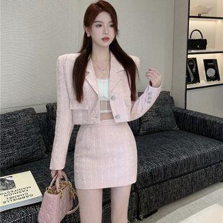 Woolen Button-up Blazer / High-waist A-line Mini Skirt