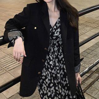 Set: Floral Midi A-line Dress + Plain Blazer