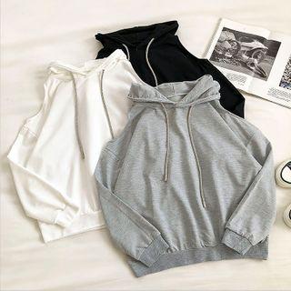 Plain Off-shoulder Hooded Long-sleeve Sweatshirt