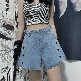 Heart Embroidered Frayed Denim Shorts / Belt