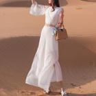 Set: Cold-shoulder Cropped Blouse + High-waist Wide-leg Pants