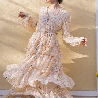 V-neck Dotted Long-sleeve Maxi Tiered Dress
