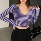 Long-sleeve Scoop-neck Striped Fitted Top