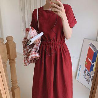 Plain Short-sleeve Midi A-line Dress Wine Red - One Size
