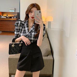 Short-sleeve Plaid Blouse / High-waist Shorts / Set