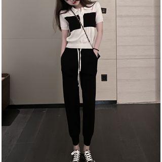 Set: Short-sleeve Paneled Polo Shirt + Harem Pants Set - Polo Shirt - Paneled - Black & White - One Size / Harem Pants - Black - One Size