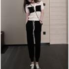 Set: Short-sleeve Paneled Polo Shirt + Harem Pants Set - Polo Shirt - Paneled - Black & White - One Size / Harem Pants - Black - One Size