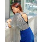 Plus Size V-neck Open-back Stripe T-shirt