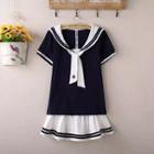 Set: Sailor Collar Short-sleeve T-shirt + Striped Trim Midi Skirt