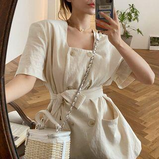 Set: Short-sleeve Double-breasted Tie-waist Top + Mini Skirt