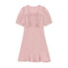 Short-sleeve Square Neck Mini A-line Dress Pink - One Size