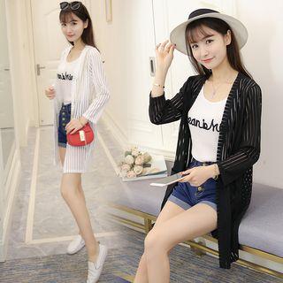 Striped Open Front Long Jacket