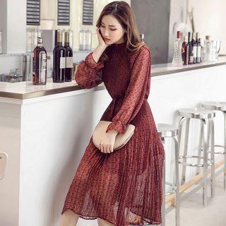 Patterned Bell-sleeve A-line Midi Chiffon Dress