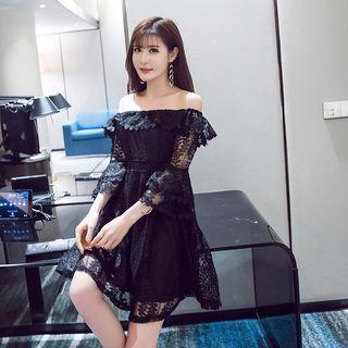 3/4-sleeve Off Shoulder Lace A-line Dress