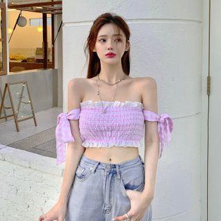 Cap-sleeve Cropped Smocked Top Pink - One Size