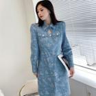 Long-sleeve Heart Print Cutout Denim Shirt Dress