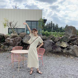 Set: Short-sleeve Tweed Cropped Top + Midi A-line Skirt