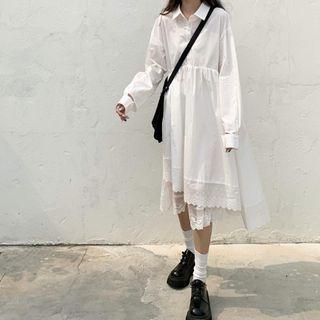 Long-sleeve Irregular Lace Trim A-line Midi Shirtdress White - One Size