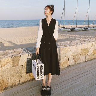 Long-sleeve Double-breasted Two-tone Midi A-line Dress