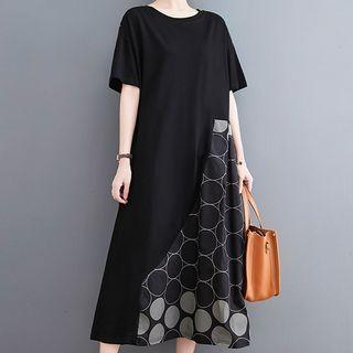 Short-sleeve Print Midi A-line Dress Black - One Size