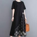 Short-sleeve Print Midi A-line Dress Black - One Size