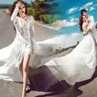 Long Sleeve V-neck Lace Panel Dress