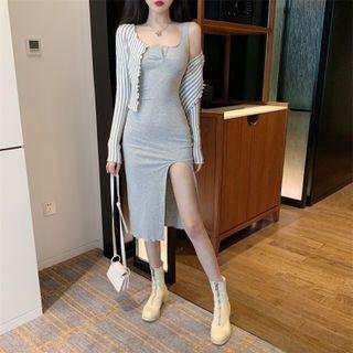 Sleeveless Midi Sheath Dress / Striped Cropped Cardigan