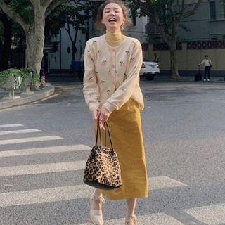 Embroidered Cardigan / Long-sleeve Turtle-neck T-shirt / Midi Skirt