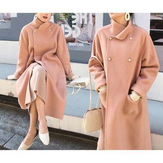 Double Breasted Embellished Long Wool Coat