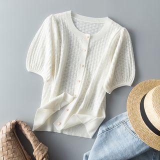 Puff Short-sleeve Round-neck Cut-out Jacquard Cardigan