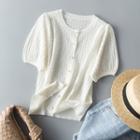 Puff Short-sleeve Round-neck Cut-out Jacquard Cardigan