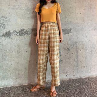 Short-sleeve Plain T-shirt / Plaid Wide-leg Pants