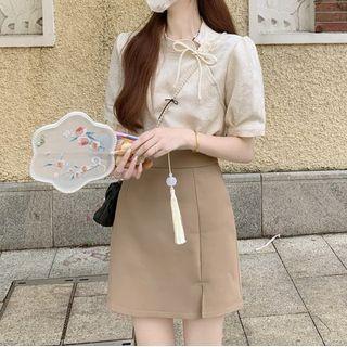 Elbow-sleeve Ribbon Blouse / Mini A-line Skirt