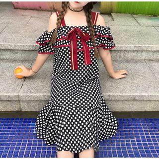 Bow Accent Dotted Off Shoulder Short Sleeve Dress