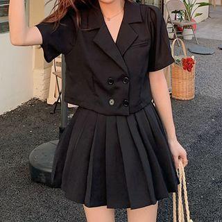 Short-sleeve Double Breasted Blazer / Pleated Skirt