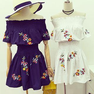 Floral Embroidered Off-shoulder A-line Dress