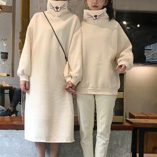 Cat Embroidered Turtleneck Long-sleeve Midi Dress / Pullover