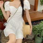 Square-neck Plain Puff-sleeve Accordion Pleat Dress