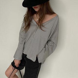 V-neck Stripe Cotton Cardigan Black - One Size