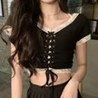 Lace Trim Short-sleeve Lace-up Crop Top Black - One Size