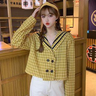 Long-sleeve Sailor Collar Plaid Top