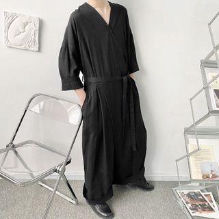 3/4-sleeve V-neck Wide-leg Jumpsuit