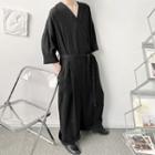 3/4-sleeve V-neck Wide-leg Jumpsuit