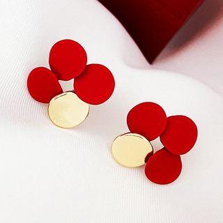 Disc Drop Earring 1 Pair - Silver Needle - Leaf - Red - One Size