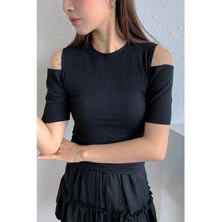 Cutout-shoulder Slim Ribbed Top